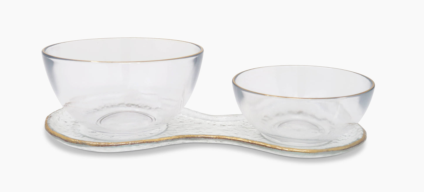 VIVIENCE - 2 Bowl Relish Dish With Gold Rim